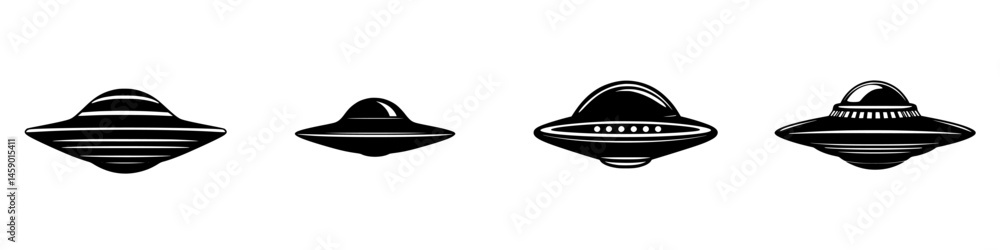 Poster collection of flat black ufo icons in various designs showing shapes and patterns of unidentified fl