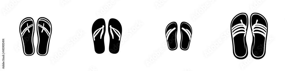 Poster flat black icon design of various styles of flip-flops arranged in a row showing different designs a