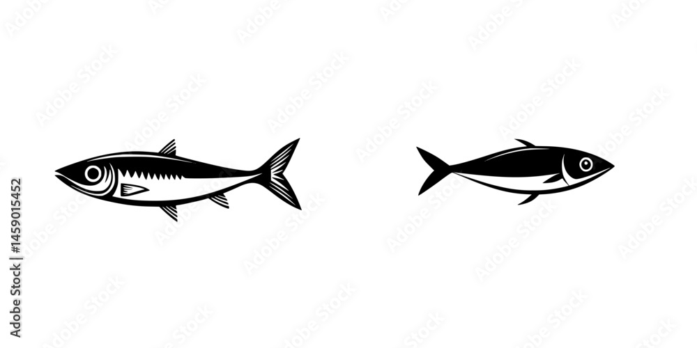 Poster black icon representation of two distinct fish designs for simple illustrations and graphic applicat