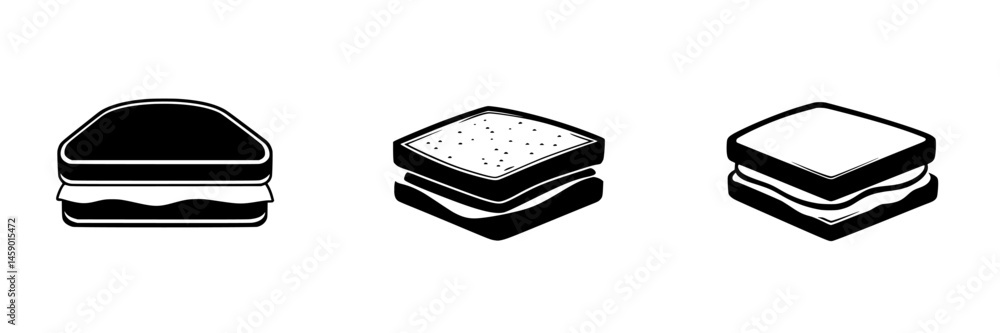 Poster flat black icon set featuring three distinct sandwich designs with varying styles and layers