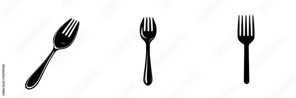Poster different styles of flat black fork icons displayed in minimalistic design for culinary themes or gr