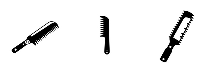 Icon set featuring flat black grooming tools with different shapes and teeth for hair care and styling in various applications