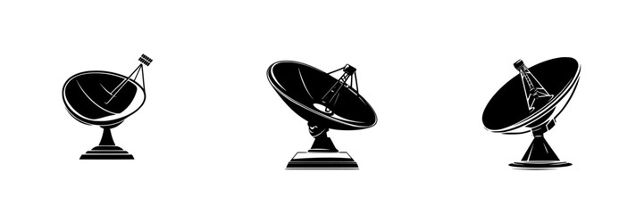 Various flat black satellite dish icons representing communication technology and broadcasting methods used in modern telecommunications networks