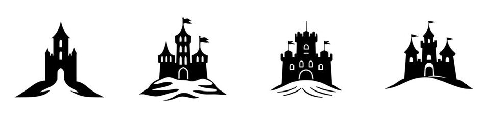 Flat black icons of different castle designs showcasing unique architectural features and silhouettes isolated on a plain background