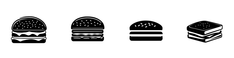 Flat black icons of various burgers and sandwiches on a white background representing fast food options