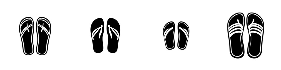 Flat black icon design of various styles of flip-flops arranged in a row showing different designs and patterns