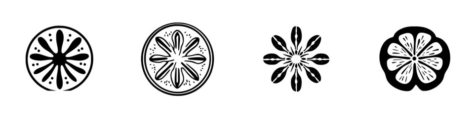 Flat black icon collection showcasing various designs of floral patterns and plant slices, ideal for graphic design and artistic projects