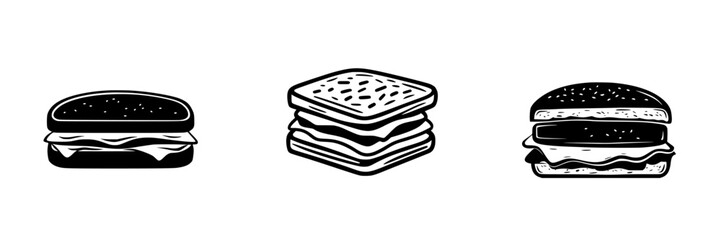 Delicious flat black icons of classic sandwiches and burgers in a minimalistic design suitable for menus or food-related graphics