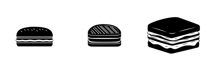 Black flat icons of various desserts showcasing a macaroon and layered cakes on a white background