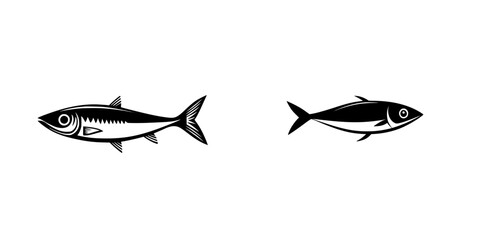 Black icon representation of two distinct fish designs for simple illustrations and graphic applications