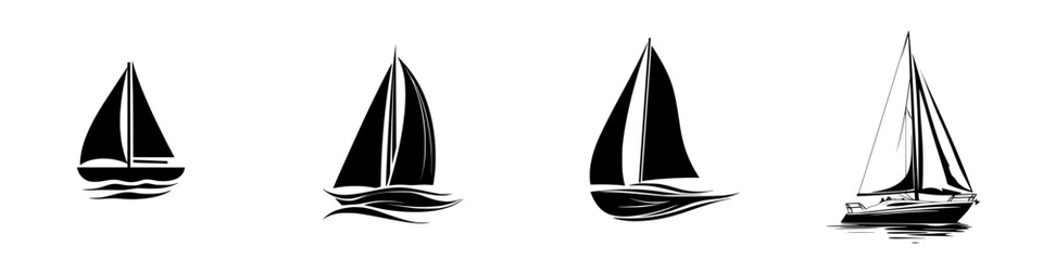 Flat black sailboat icons representing various sailing styles and designs for nautical themes or graphic design projects © Andrei