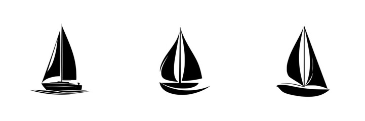 Sailboat icons in flat black style displaying various designs for marine themes