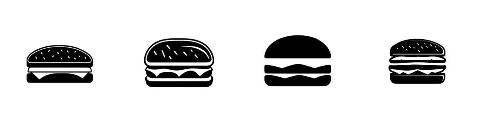 Different styles of flat black burger icons showcasing various shapes and designs for food-related projects