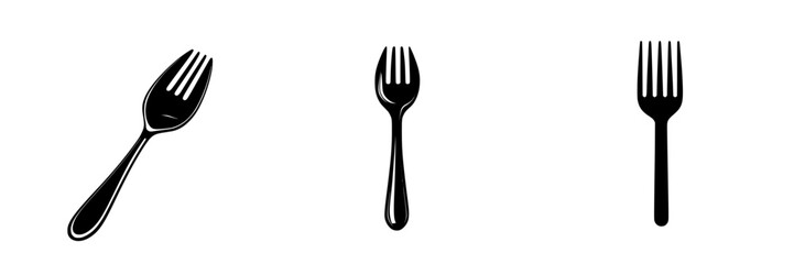 Different styles of flat black fork icons displayed in minimalistic design for culinary themes or graphic design applications