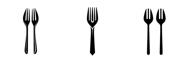 Three variations of flat black fork icons arranged in a linear fashion for culinary design and graphic purposes