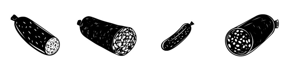 Flat black icons of various types of cylindrical food items showcasing different cross-sections and textures in a simple design