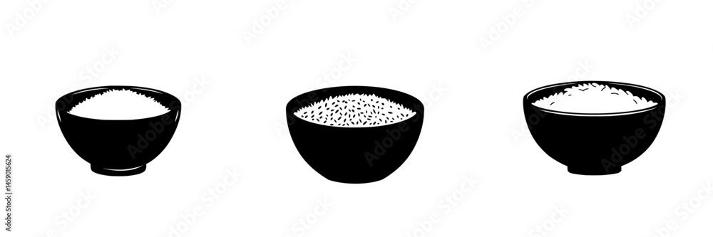 Poster flat black icon of different bowls with rice displayed side by side in varied sizes creating a minim