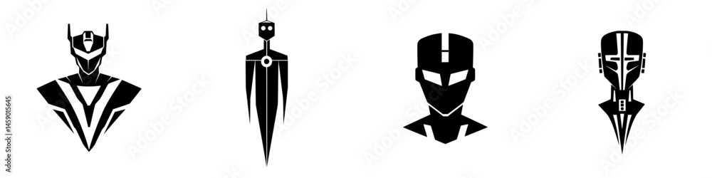 Poster stylized flat black icons representing various humanoid figures and robots showcasing minimalistic d