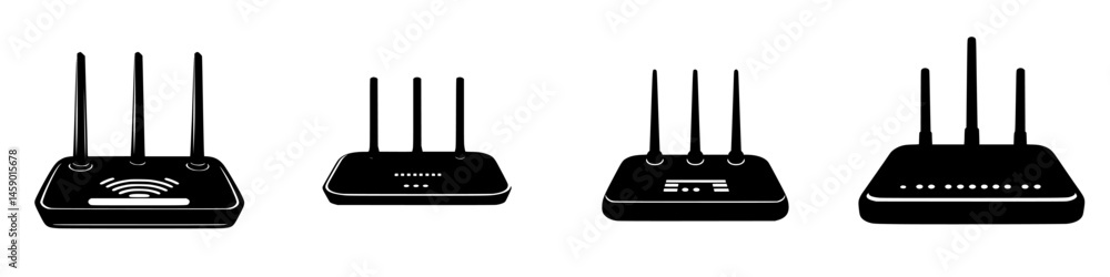 Poster various flat black router icons representing different designs and features for networking devices u