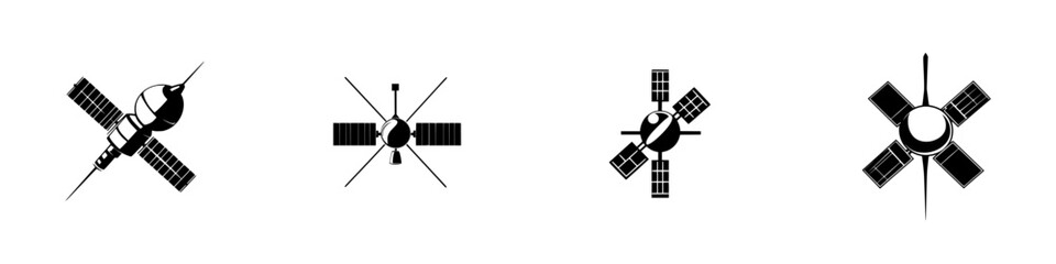 Collection of flat black satellite icons representing various designs and functionalities for digital use