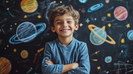 Young boy confidently smiles in front of a space-themed blackboard with colorful drawings of planets, reflecting curiosity and wonder in an educational setting.