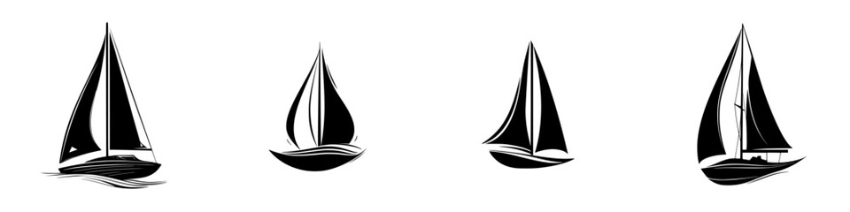 Sailing icon collection featuring various black sailboat designs on a white background