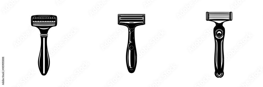 Poster flat black icons representing various types of grooming razors arranged in a row against a minimalis
