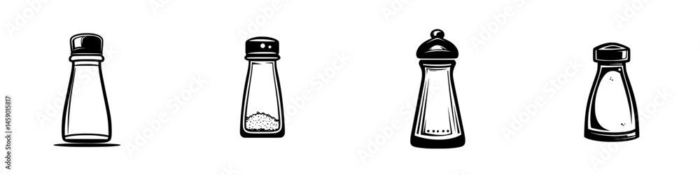 Poster flat black icons representing various types of salt shakers in a minimalistic style for culinary des