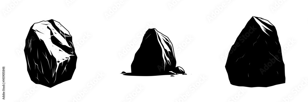 Aufkleber black flat icons of rocks in various shapes and sizes arranged on a plain white background to depict