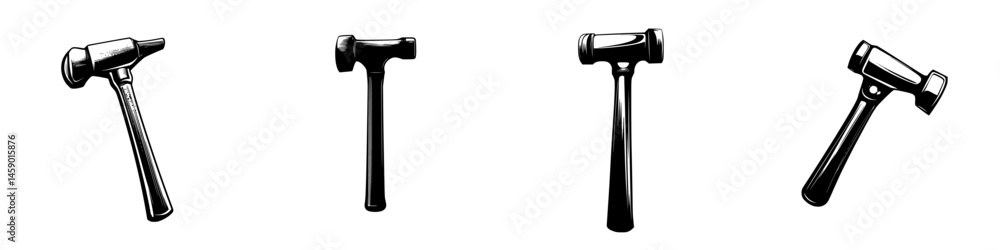 Poster flat black hammer icons depicting various angles and styles used in construction and diy projects fo