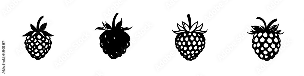 Poster flat black icons of raspberries arranged in a row depicting various designs of the fruit with differ