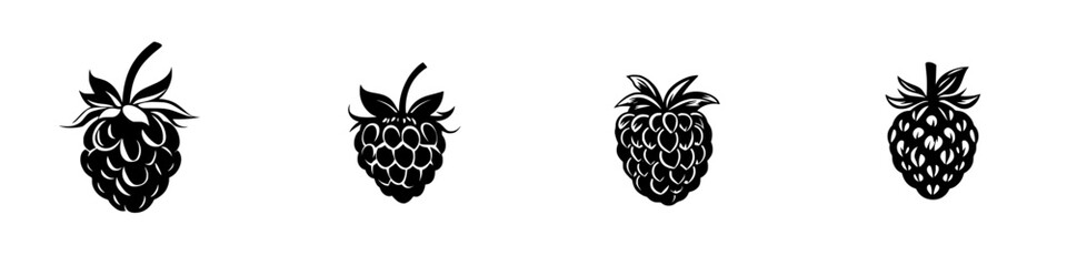 Black icon collection of various raspberry illustrations showcasing distinct styles and fruit representations for design use