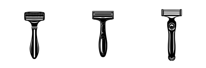 Flat black icons representing various types of grooming razors arranged in a row against a minimalistic background