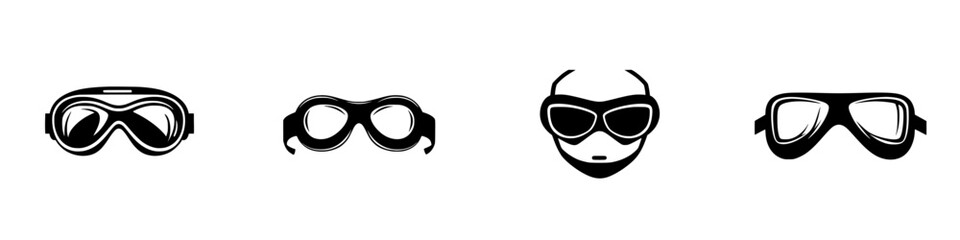 Various flat black icons representing different styles of protective eyewear for sports and safety purposes