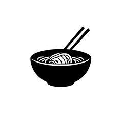 Simple black icon of a bowl of noodles with chopsticks on a white background representing Asian cuisine and culinary culture
