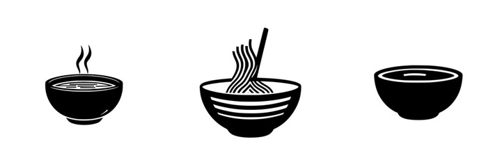 Flat black icon depicting bowls of noodles, showcasing various styles of noodle soup presentation in a minimalist design