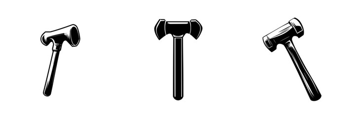 Sleek flat black icons of mallets displayed in a row emphasizing tool design and utility in minimalistic style