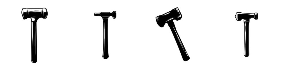 Various black hammer icons displayed in a flat design, suitable for use in digital graphics or illustrations highlighting tools
