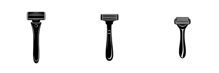 Flat black icons representing various styles of shaving razors for grooming and personal care