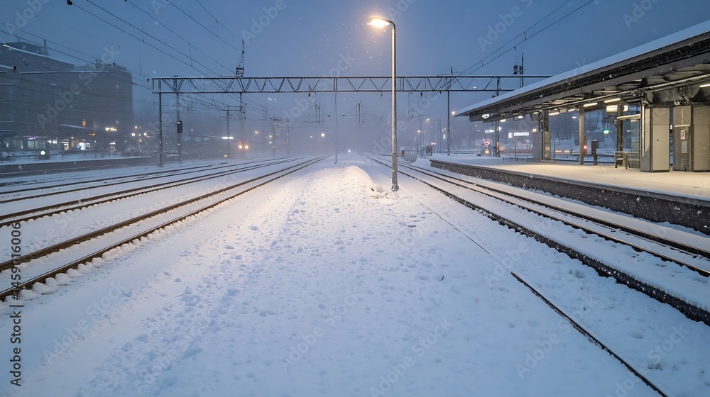 Poster snowy train station platform at twilight, with tracks covered in fresh snow and a single lamp illumi