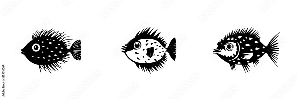 Aufkleber flat black icons of various fish designs showcasing distinct features and artistic styles in a simpl