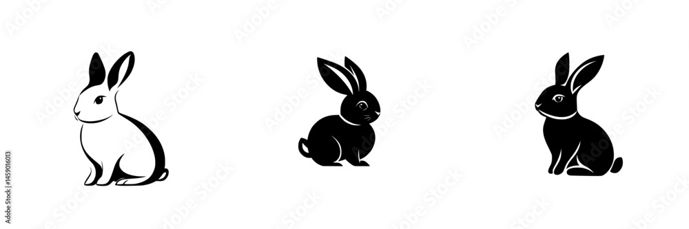 Poster black icon of three stylized rabbits in varying poses, emphasizing simplicity and minimalist design 