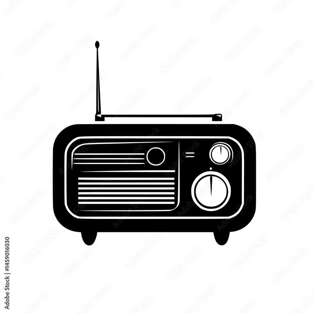 Poster classic flat black radio icon depicting retro design and simple functionality for modern application