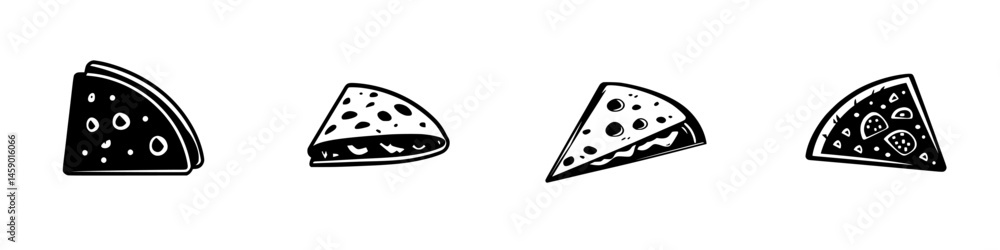 Poster Flat black icons representing various types of pizza slices arranged in a row on a simple background