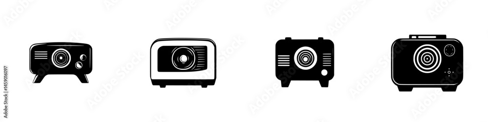 Poster flat black icons of projectors in various styles showcasing versatility and design for digital prese