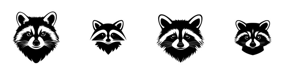 Obraz premium Multiple flat black icons of raccoon faces showing different expressions and styles