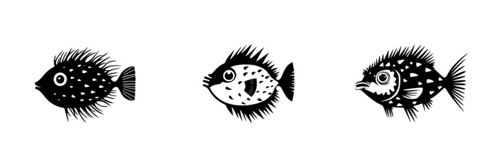 Flat black icons of various fish designs showcasing distinct features and artistic styles in a simplistic graphic representation
