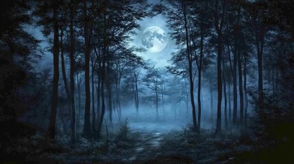 Fototapeta premium A dark, shadowy forest with the full moon rising behind the trees.
