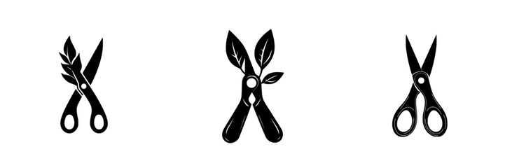 Flat black icons representing scissors with leaves, illustrating gardening tools and plant care
