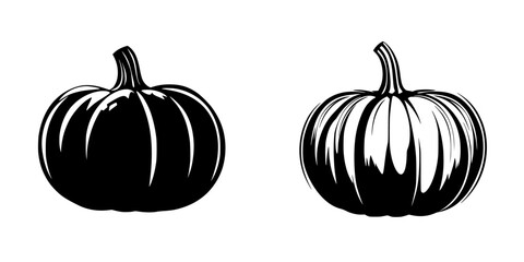 Black icon depicting two pumpkin designs showcasing different shapes and textures for seasonal decorations and events
